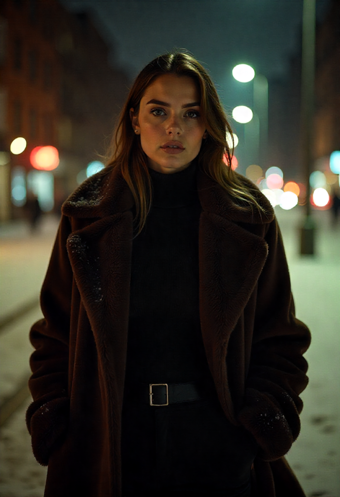  A luxurious faux fur coat styled over a black winter outfit for evening glamour.