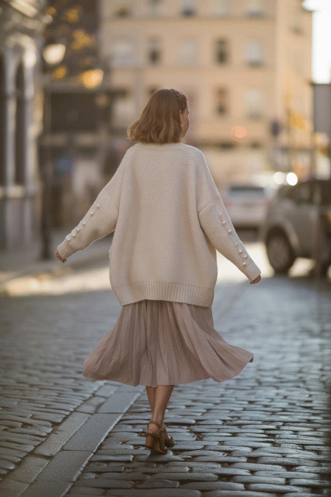 Girl in oversized cream pearl-button cardigan – the ultimate soft girl staple