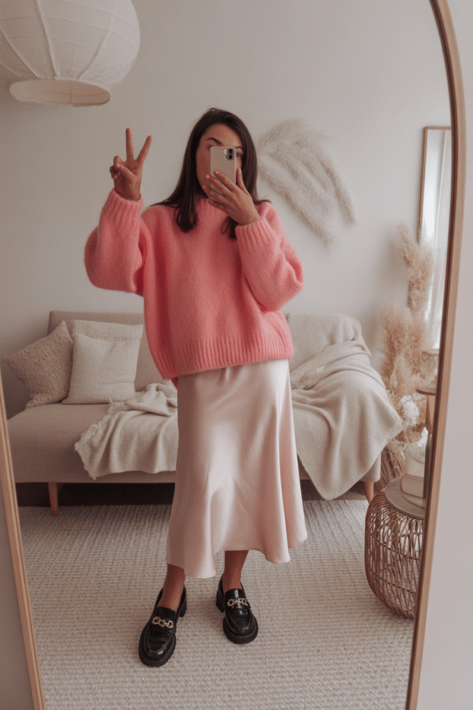  Perfectly balanced soft girl outfit – cozy sweater, satin skirt and chunky loafers