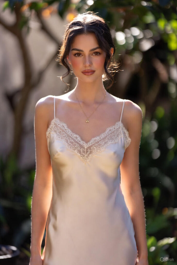 Brunette wearing champagne silk midi slip dress with lace trim, glowing skin, peachy blush, glossy lips, standing barefoot in a sunlit garden