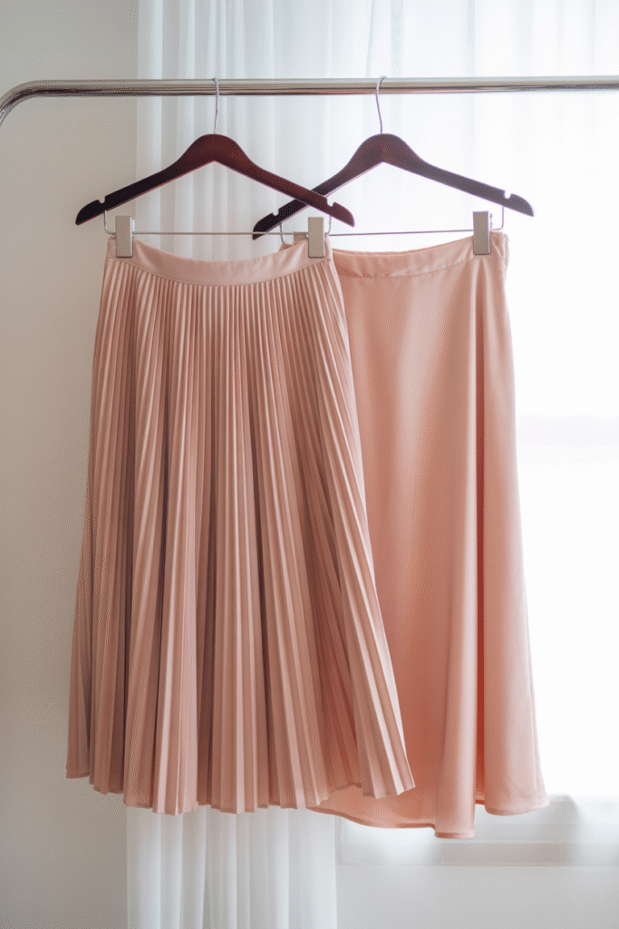 Flowy blush pleated midi and satin slip skirts – made for twirling