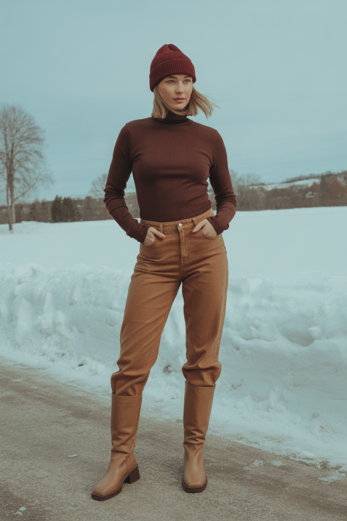 Monochrome brown winter outfit with barrel jeans and knee-high boots
