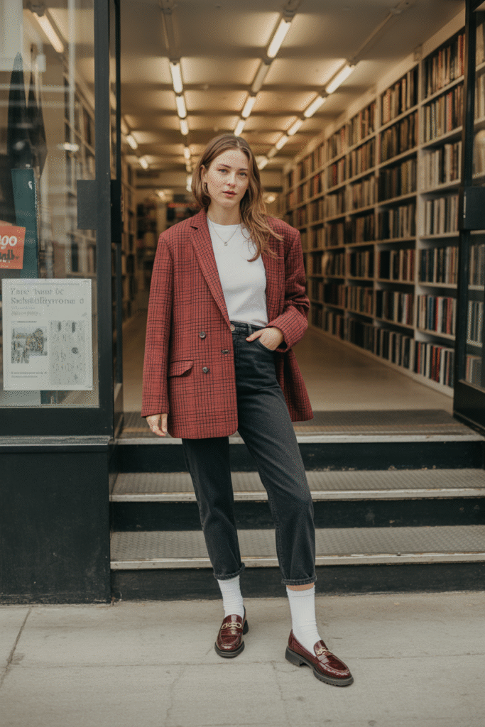  Preppy winter outfit – navy barrel jeans and red plaid blazer
