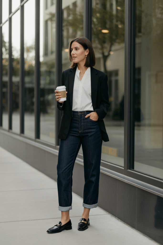 Work-appropriate barrel jeans outfit with blazer and loafers