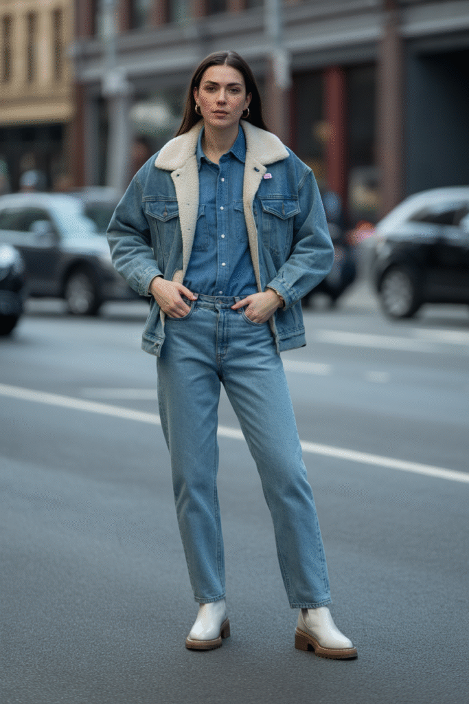 Modern Canadian tuxedo with barrel jeans and shearling jacket