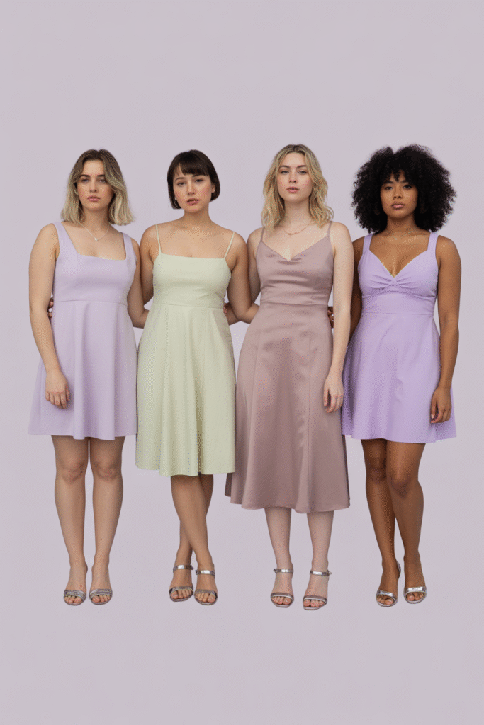 Four women of different body types wearing their best dress silhouettes – petite, pear, apple, athletic