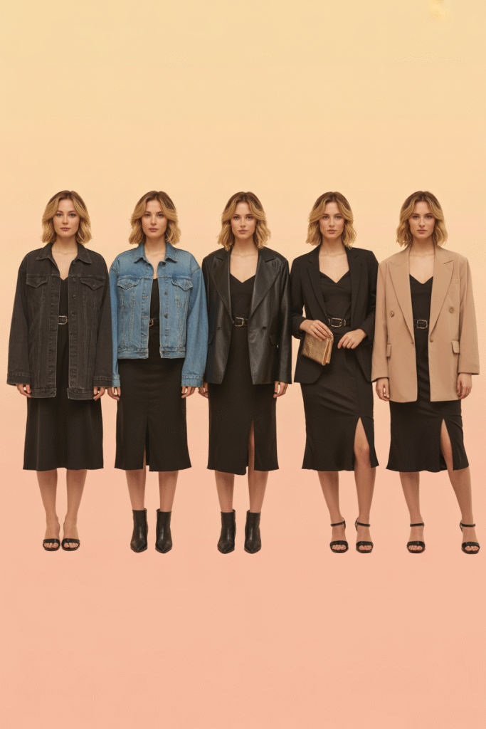 One black midi dress styled 5 completely different ways with belts, jackets, and layers