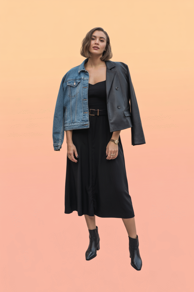 One black midi dress styled 5 completely different ways with belts, jackets, and layers