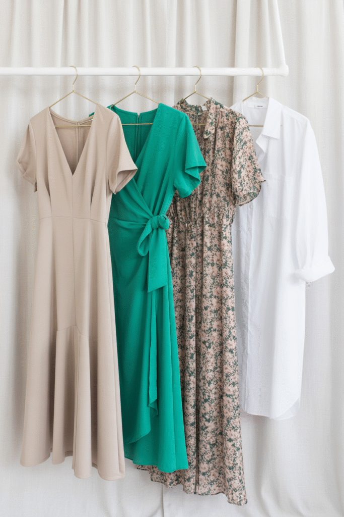 Flat lay of 10 timeless dress styles hanging – little black dress, wrap dress, maxi, shirt dress on white background