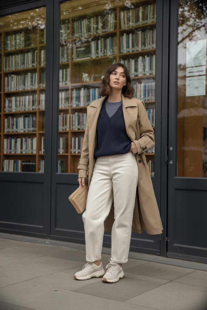  Academia-inspired winter look with ecru barrel jeans and sweater vest