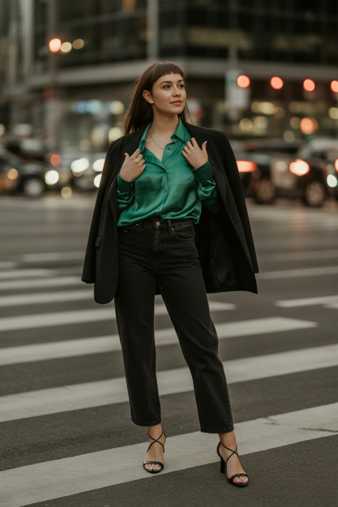 Date night barrel jeans look with emerald blouse and heels