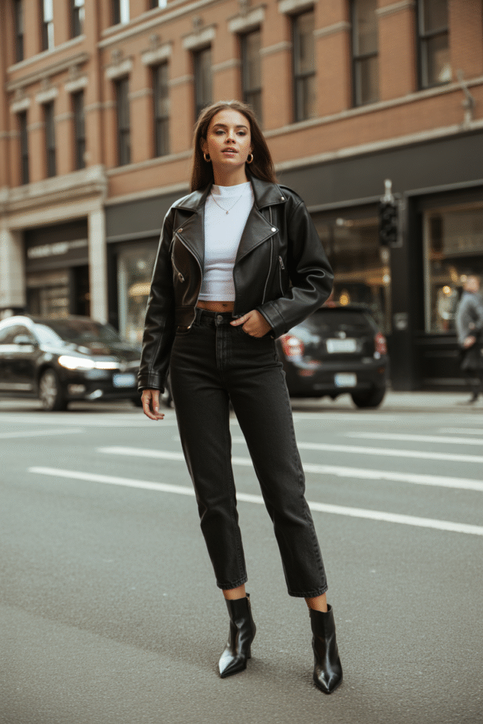 : Edgy winter look – black barrel jeans styled with leather jacket and ankle boots