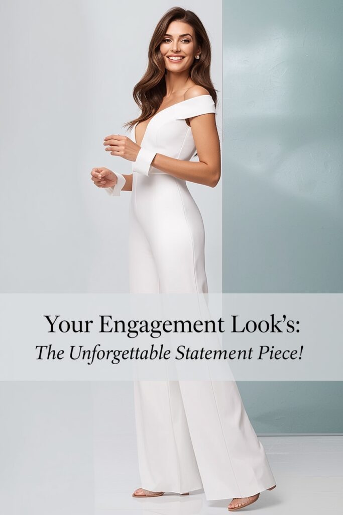 A woman confidently wearing a tailored white jumpsuit, showcasing a powerful statement piece.