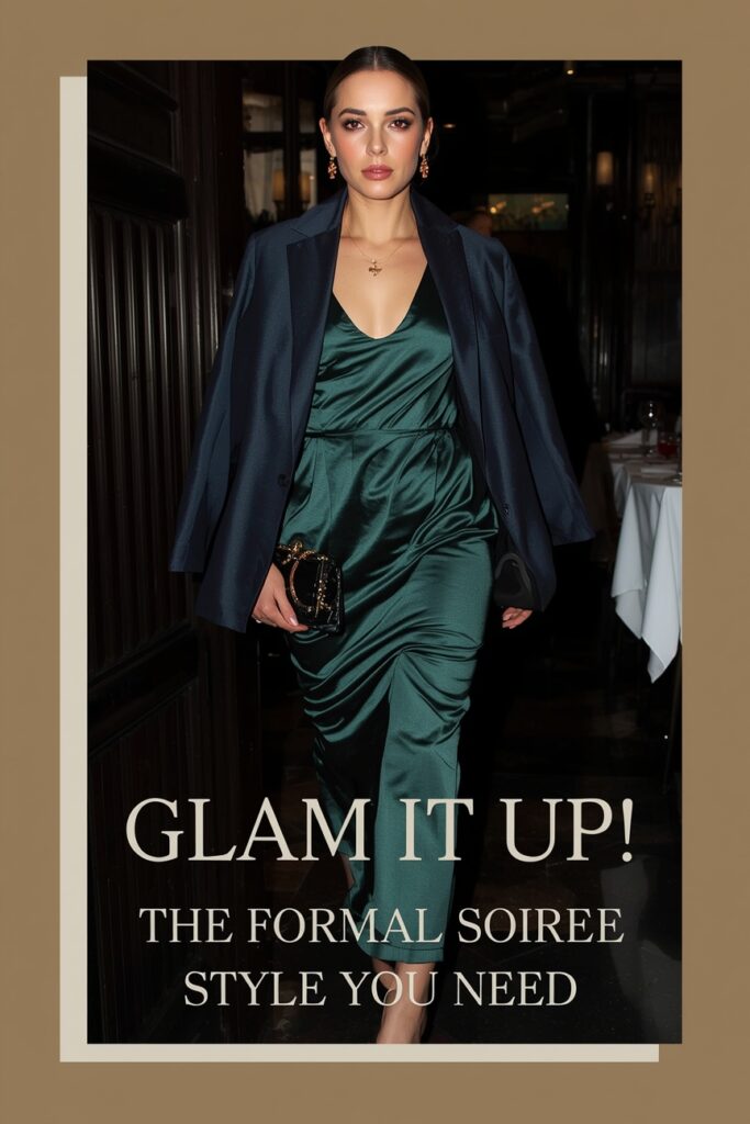 A woman in a sophisticated satin slip dress with a blazer, ready for a formal engagement soiree.
