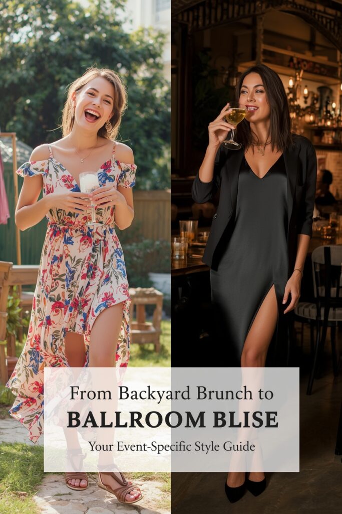 A split image showing two different engagement outfits: a floral midi dress for casual, and a satin dress with a blazer for formal events.