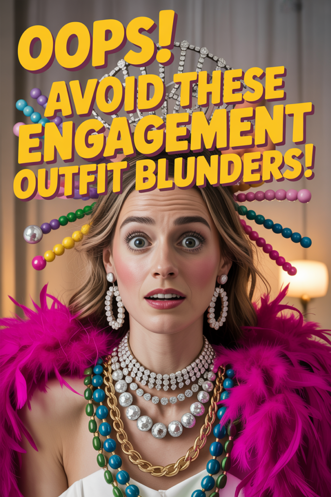 A woman humorously overloaded with too many accessories, depicting common styling mistakes.