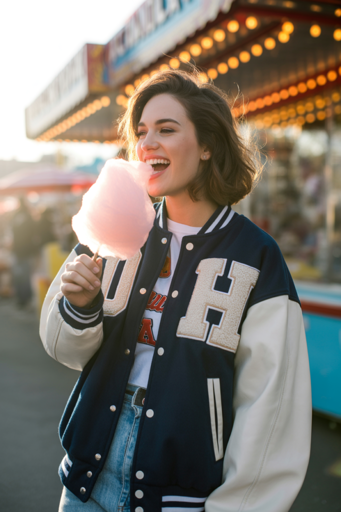 The Oversized Varsity Jacket eating cotton candy
