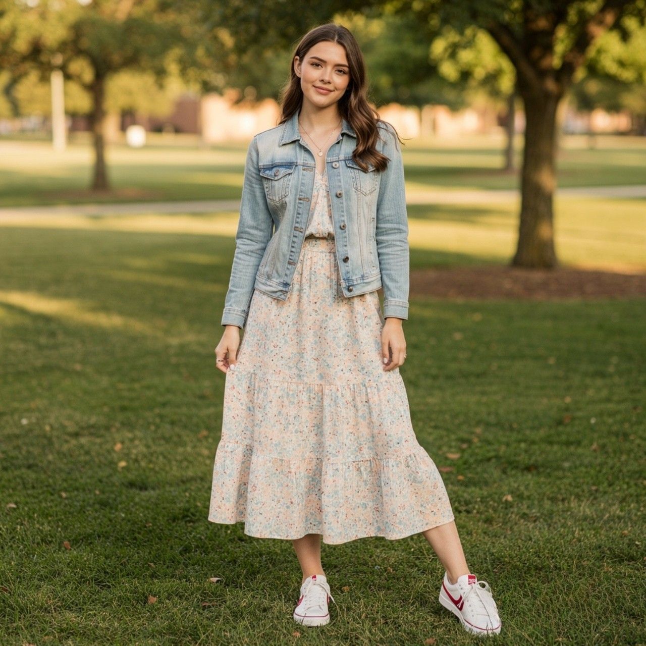 Denim Jacket + Sundress + Sneakers