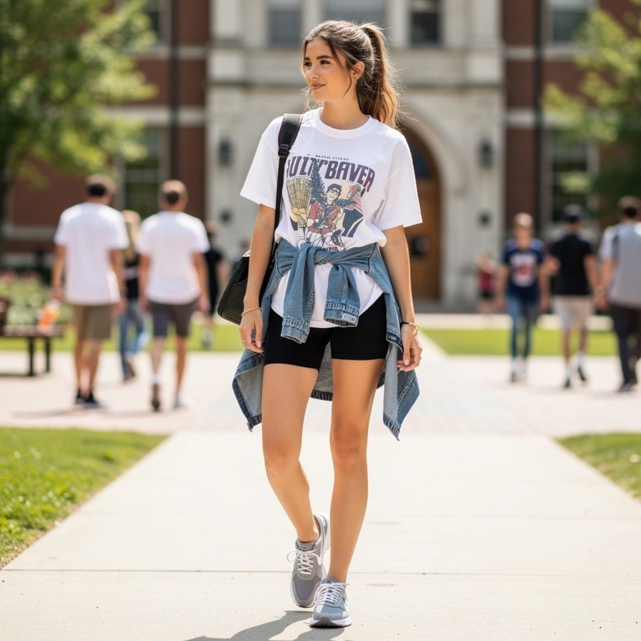 Oversized Tee + Biker Shorts + Denim Overshirt