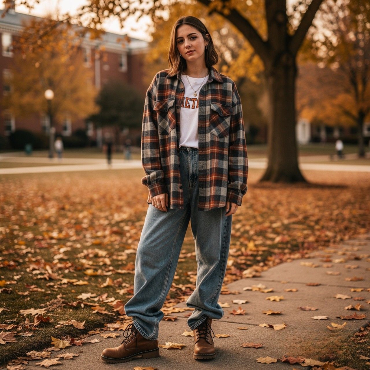 Oversized Flannel + White Tee + Baggy Jeans + Boots