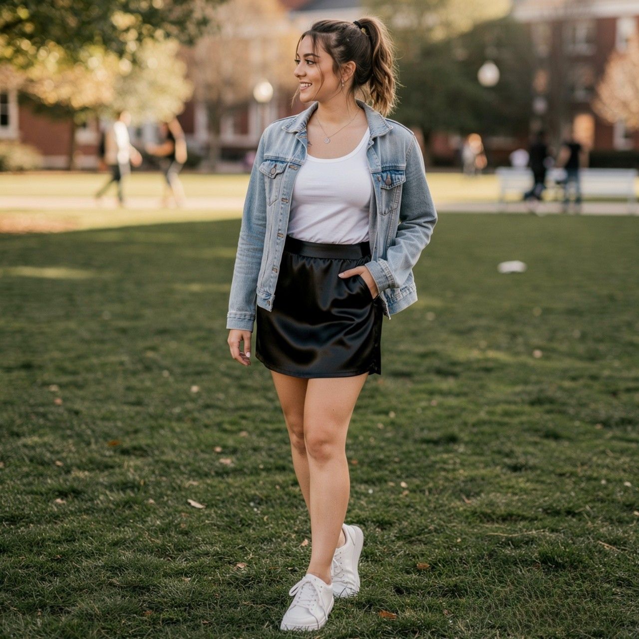 Satin Slip Skirt + Fitted Tee + Denim Jacket + Sneakers