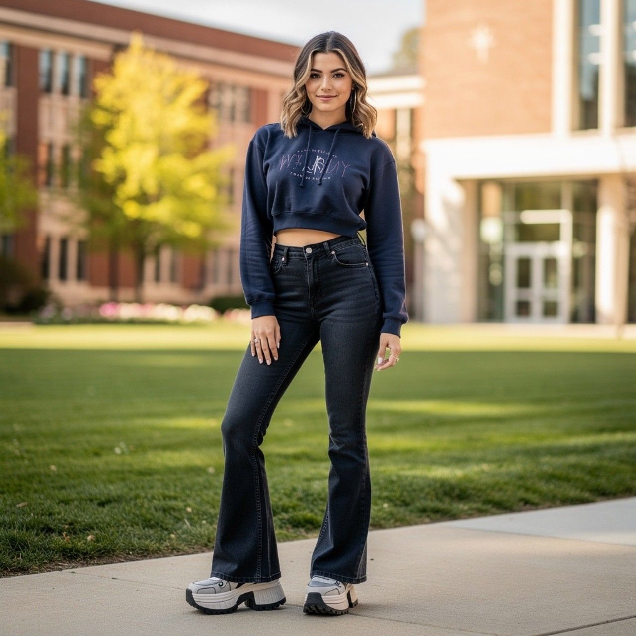 Flare Leggings + Fitted Crop Hoodie + Platform Sneakers