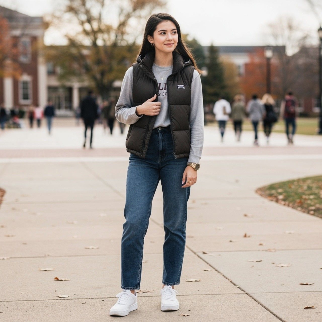 Puffer Vest + Long-Sleeve Tee + Straight Jeans + White Sneakers